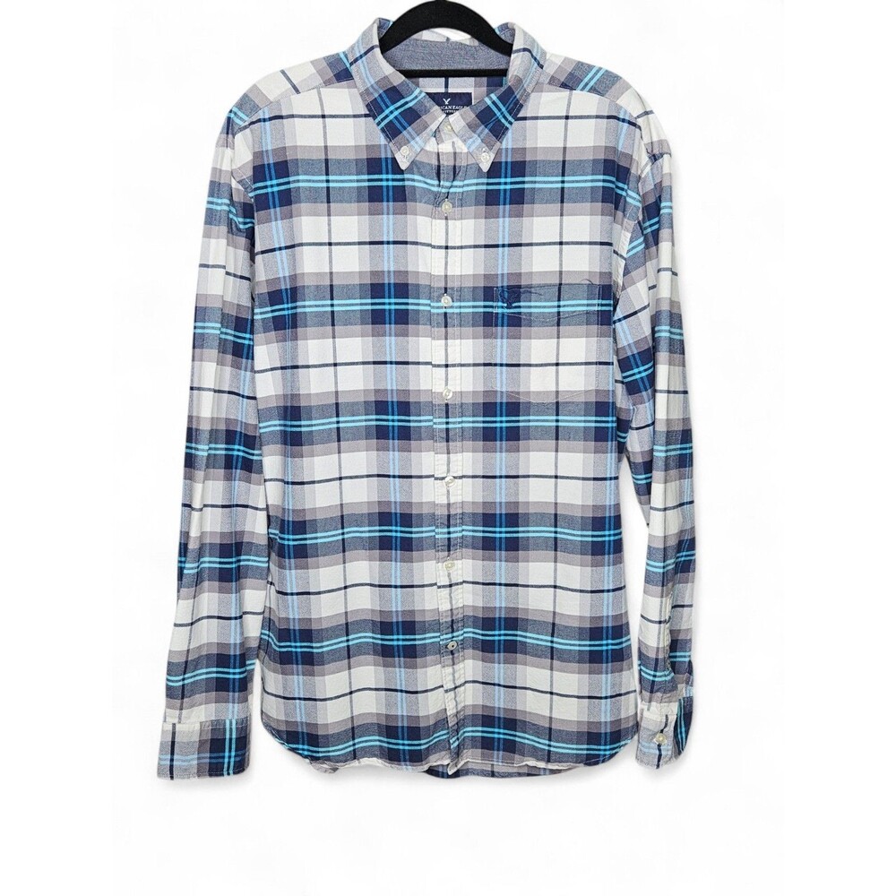 American Eagle Button Down Shirt Mens XL Plaid Blue Gray Cotton Casual